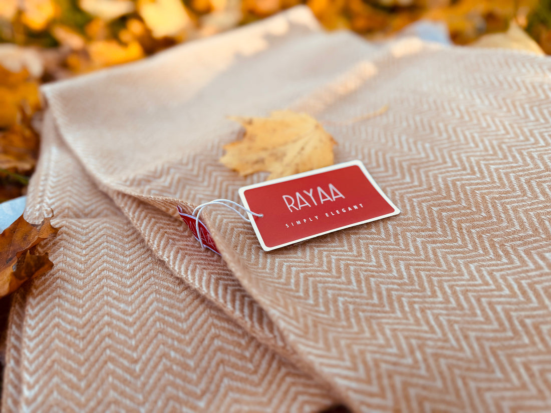 Cashmere Rayaa shawl in autumn leaves 